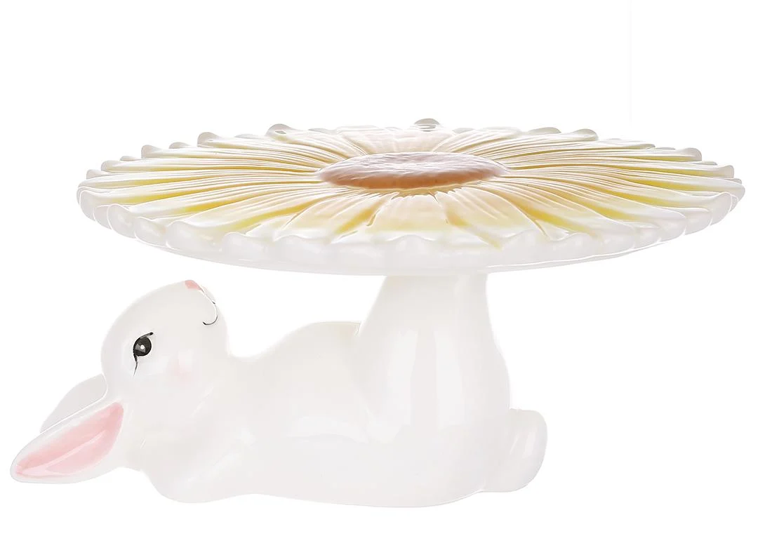 Подставка для кулича/торта керамическая BonaDi Кролик с цветком d 22,8х12 см Белый с желтым (733-582)