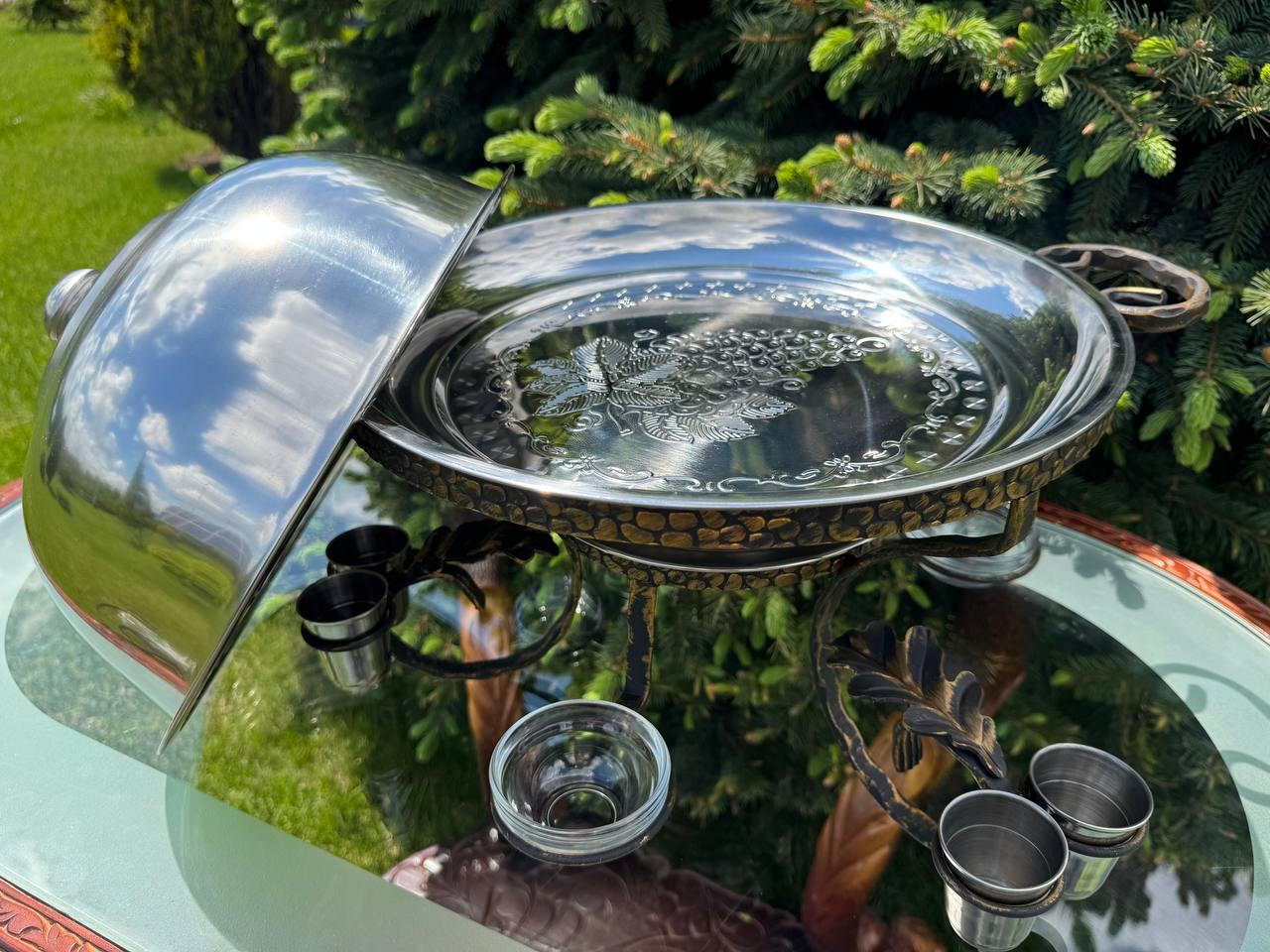 Садж для подачі шашлику камінь з підігрівом 3 соусниці 6 чарок 36 см