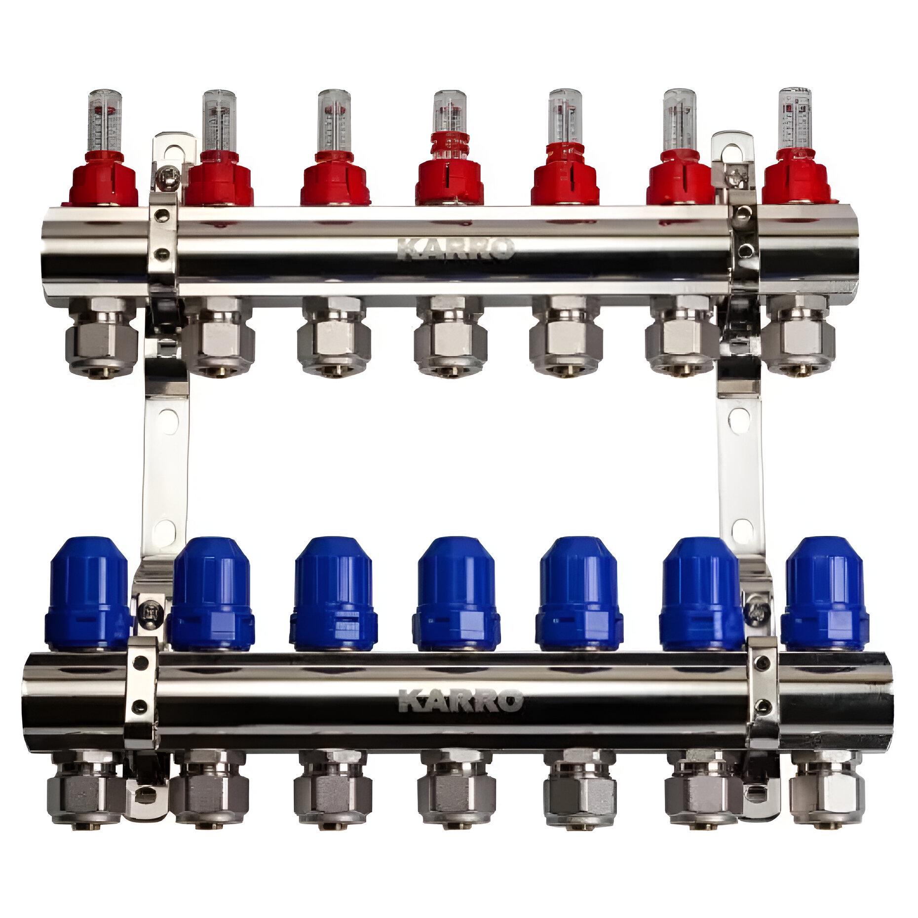 Коллектор Karro 1"х4 с расходомером термостатическим клапаном и евроконусами (AKD29264)