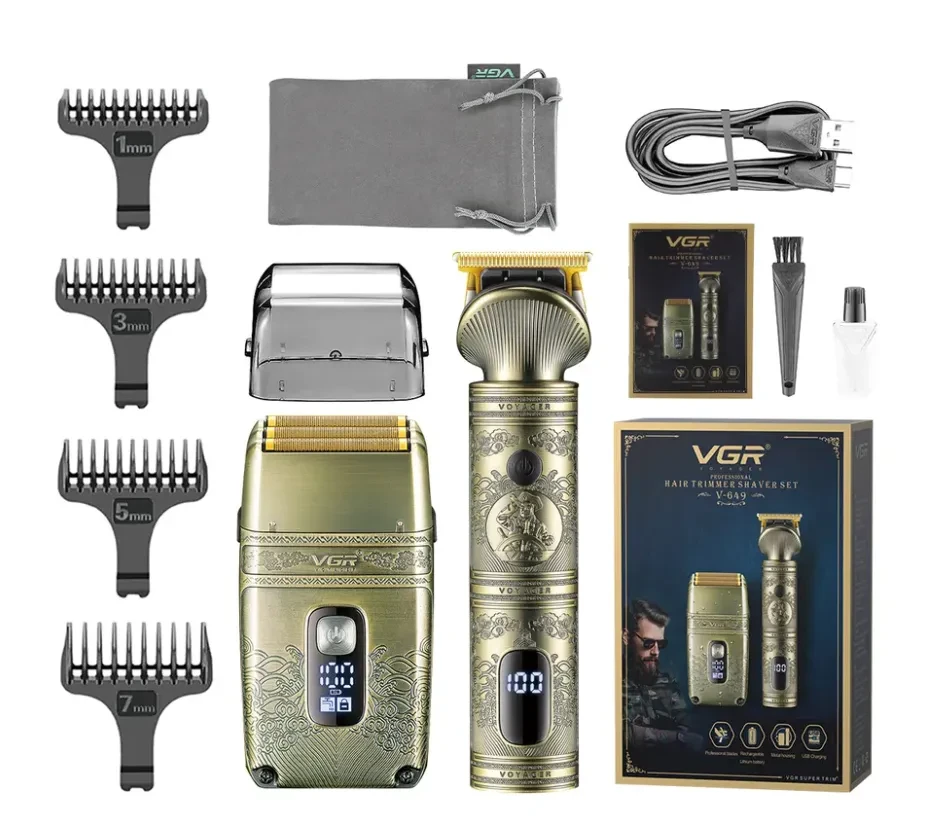 Набор для стрижки триммер и шейвер VGR-649 беспроводной с насадками (8813)