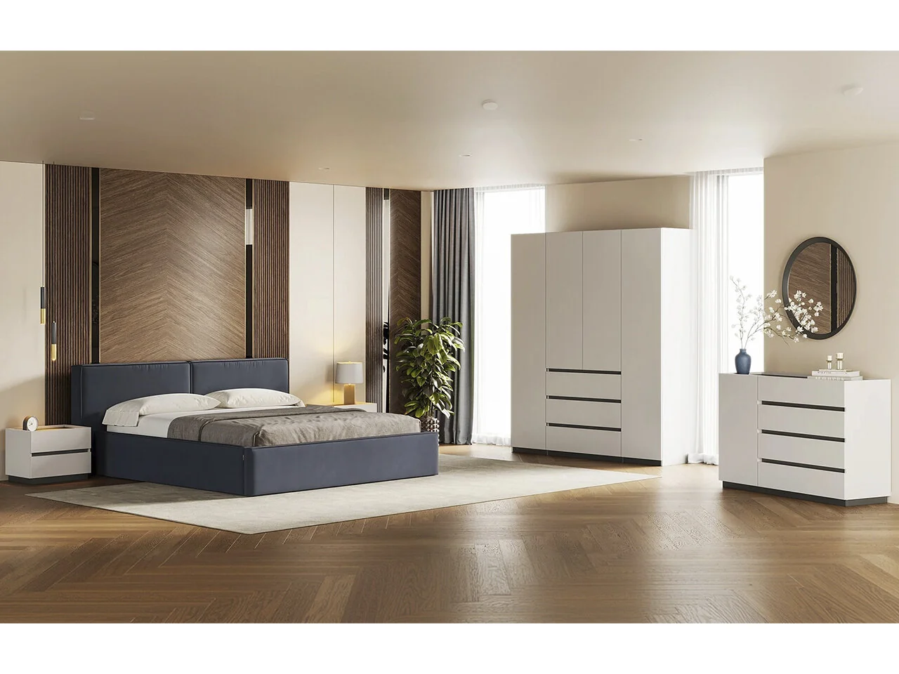 Спальный гарнитур MiroMark Дуо 1 кровать 160x200 см/тумбы/комод 1Д4Ш/шкаф 4Д3Ш Белый Супермат белый/Антрацит глянец (56593)