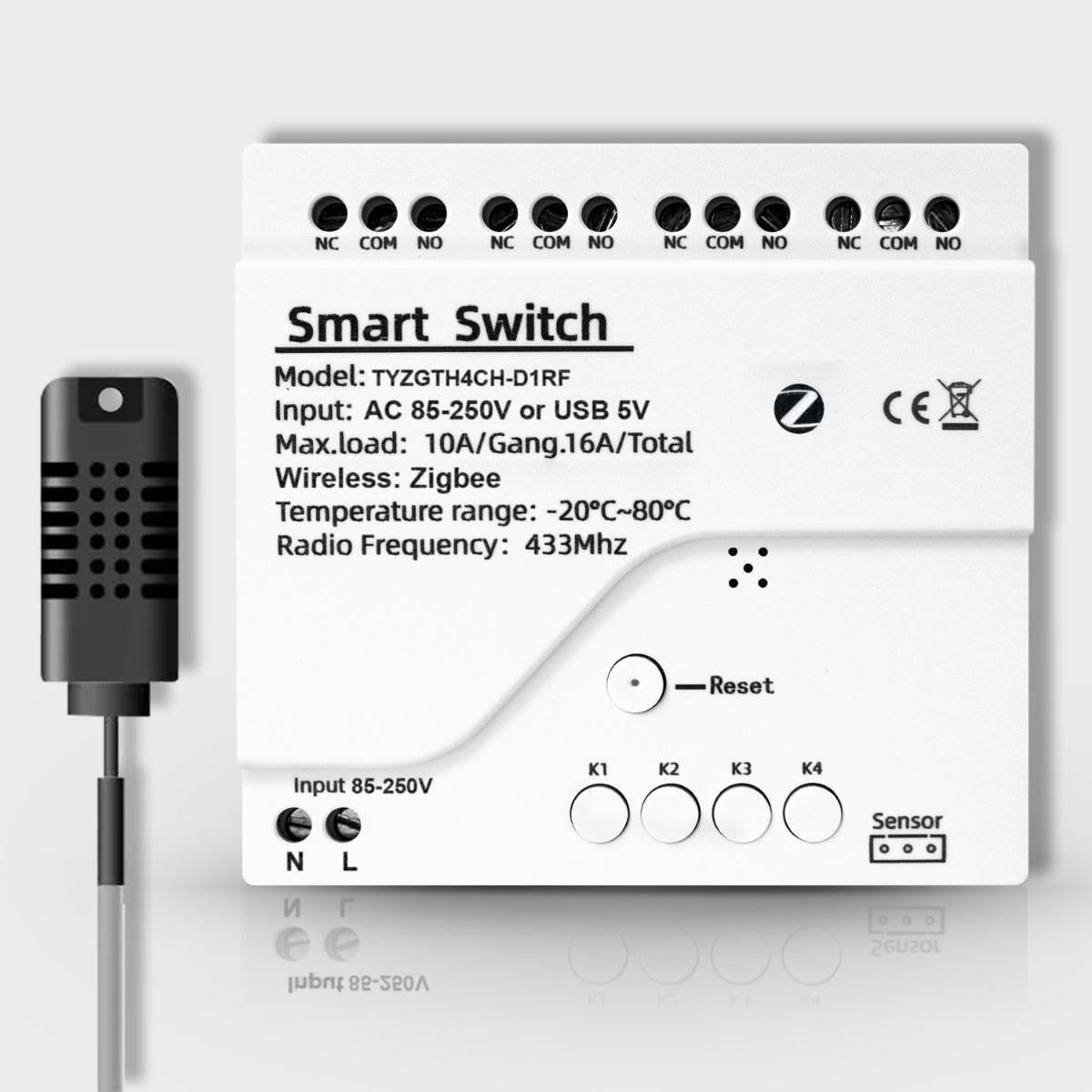 Реле четырехканальное ZigBee с сухим контактом и датчиком температуры и влажности Tuya AC 85-250V (WH00841)