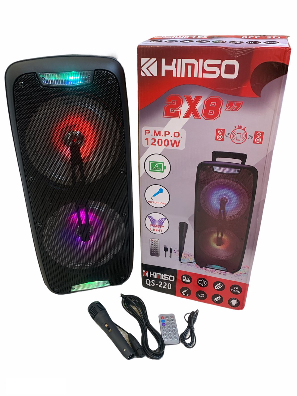 Колонка аккумуляторная KIMISO QS-221BT USB/FM/BT/LED 2x8 дюймов