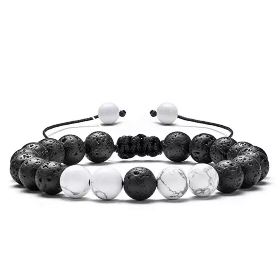Браслет з лавового каменю та кахолонгу на стяжці р. 14 Чорний/Білий
 (80045)