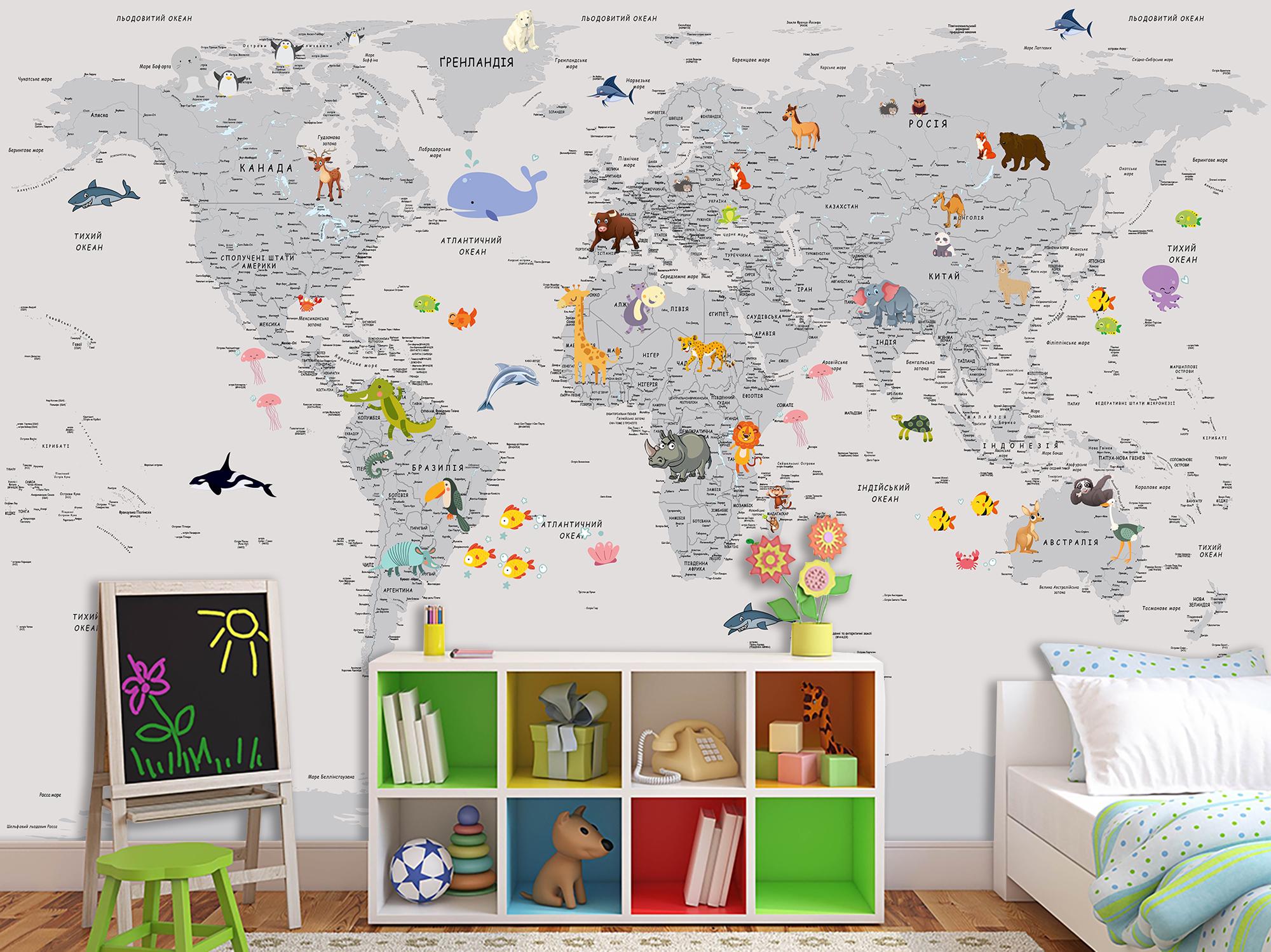 Фотошпалери флізелінові Upstream Дитяча мапа світу з смішними тваринами 180х120 см (WMK-017/2) - фото 7