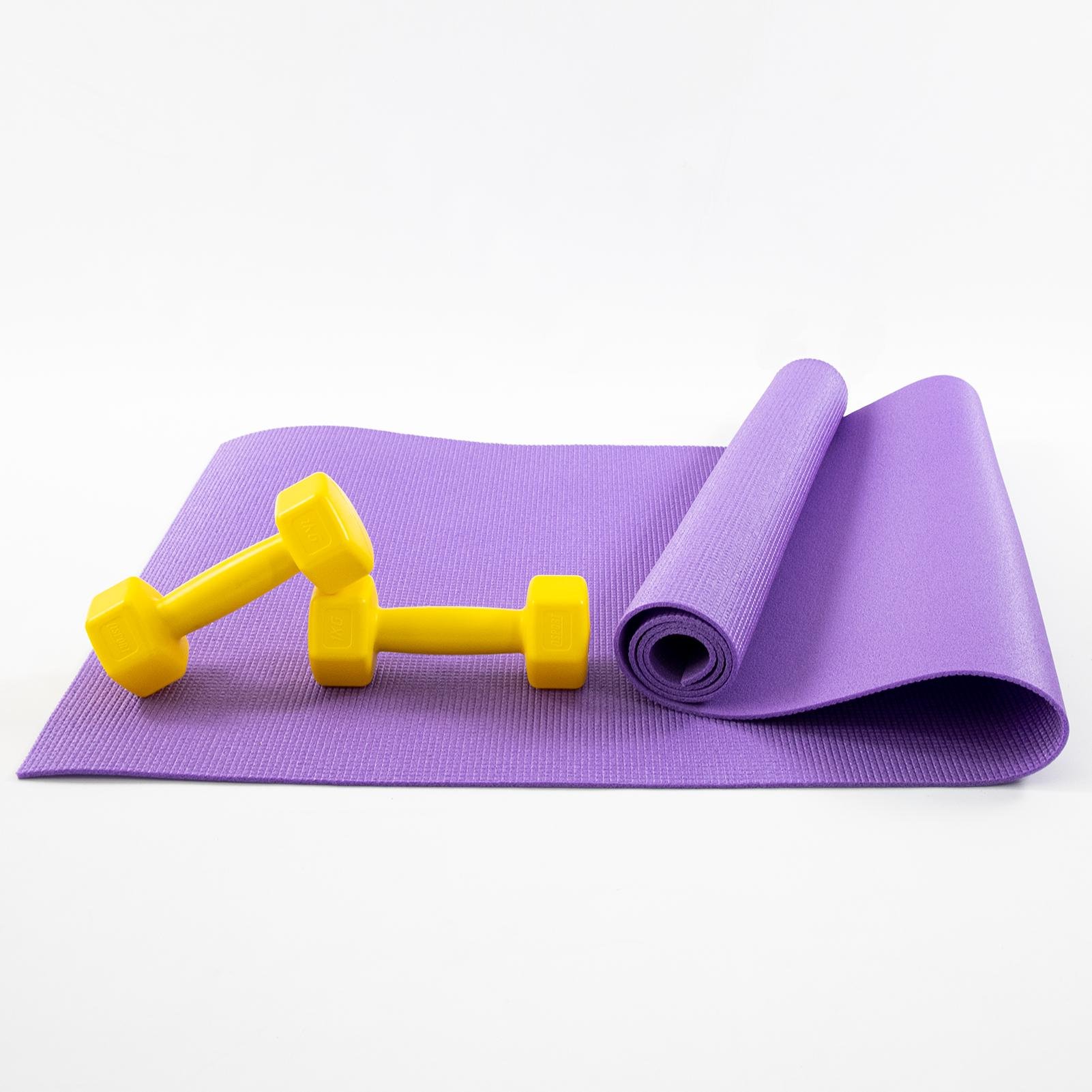 Килимок для йоги та фітнесу та гантелі для фітнесу 2 шт. по 1кг Osport Set 81 Фіолетово-жовтий (n-0111) - фото 1