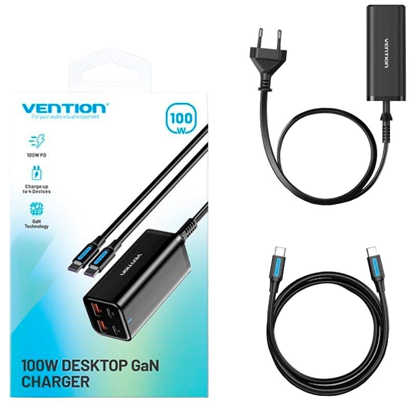 Зарядний пристрій Vention 100W 2xType-C 2xUSB PD3.0 QC 3.0 GaN 5V 3A Black (FBSBG-EU) - фото 2 Зарядний пристрій Vention 100W 2xType-C 2xUSB PD3.0 QC 3.0 GaN 5V 3A Black (FBSBG-EU) - фото 2
