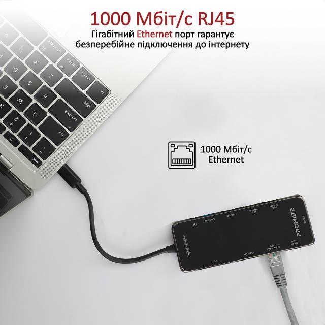 USB-C хаб 11в1 Promate PrimeHub-Pro USB-C PD/HDMI/VGA/2xUSB 3.0/2xUSB 2.0/RJ45/SD/MicroSD/AUX 3,5 мм Grey - фото 6