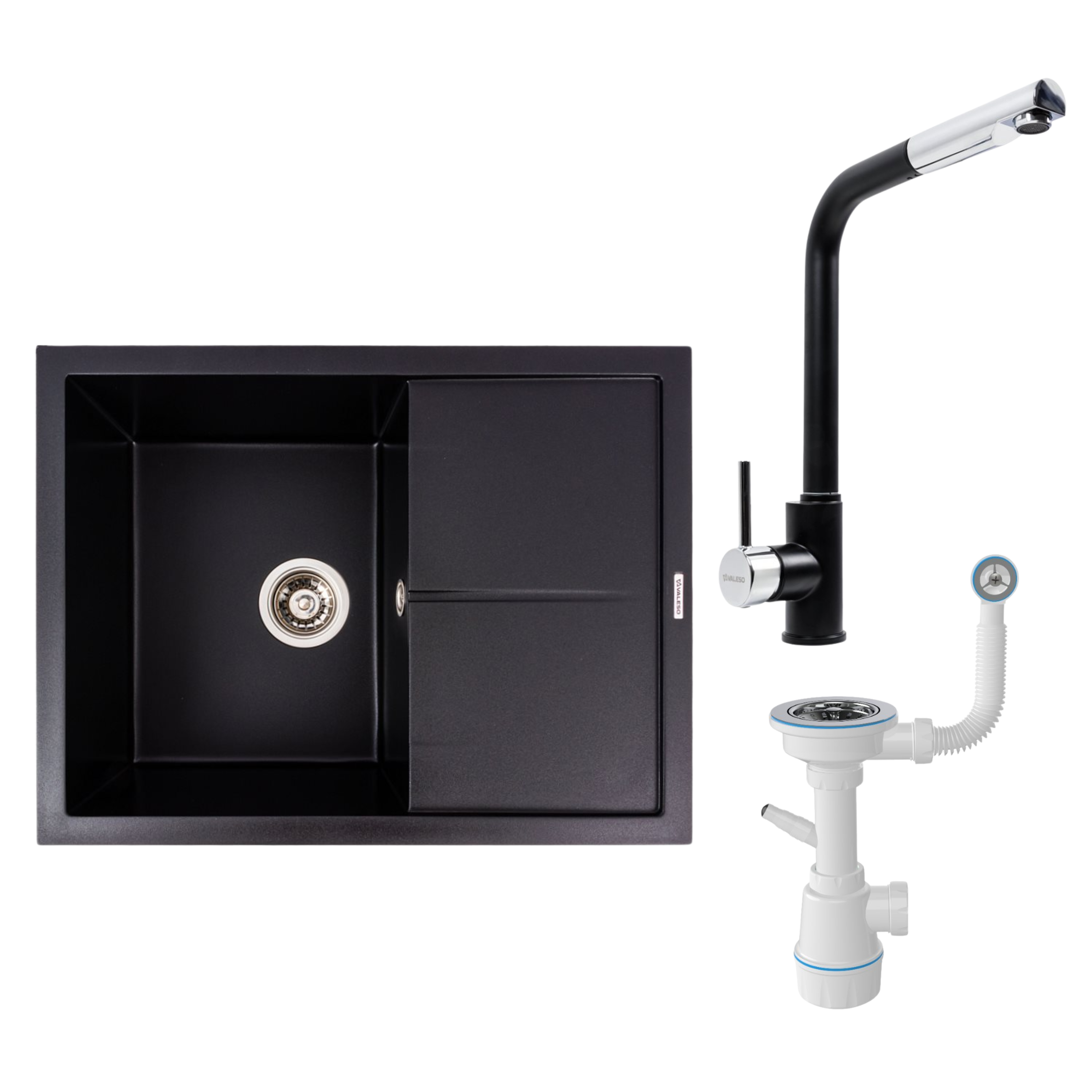 Мийка гранітна Valeso 6550 CRIPTA/змішувач Q411MB/сифон Чорний