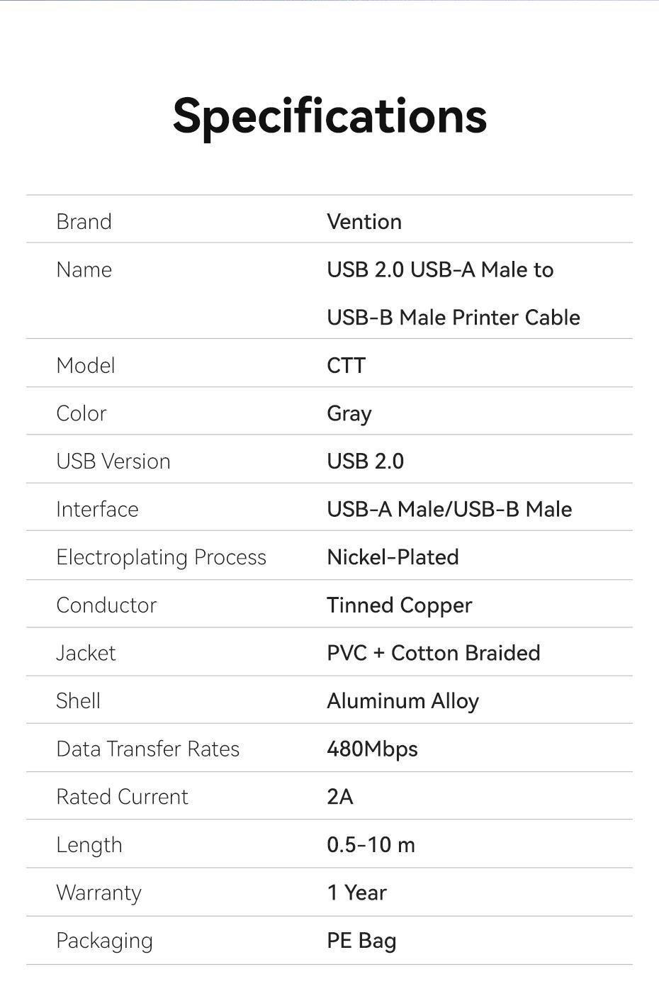 Кабель для принтера Vention USB-USB Type-B 2.0 480 Мбіт/с 2A USB-A на USB-B нейлонове обплетення 8 м Чорний (CTTHK) - фото 8