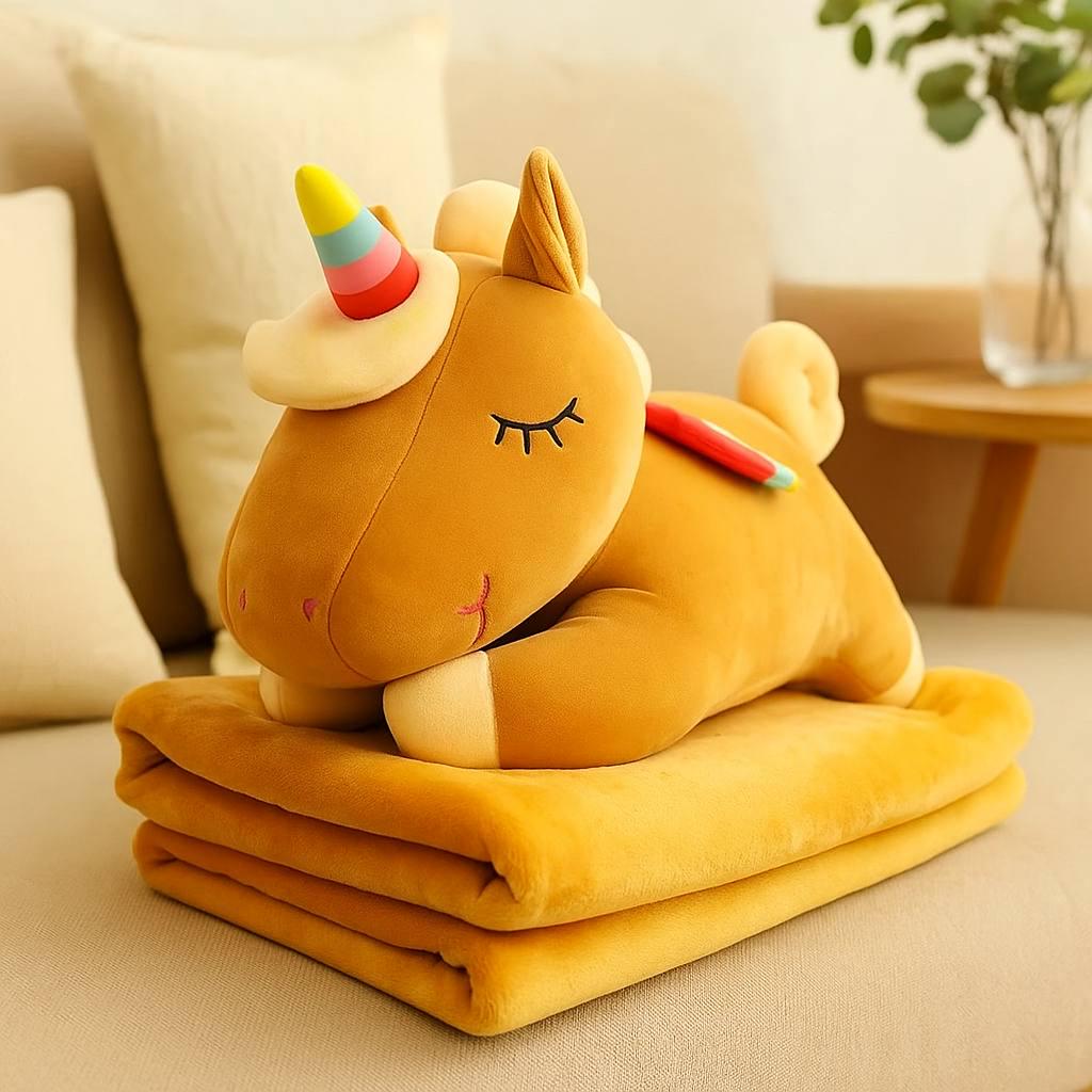 Мягкая игрушка с пледом в середине Единорог коричневый размер пледа 100х165 см - фото 1 Мягкая игрушка с пледом в середине Единорог коричневый размер пледа 100х165 см - фото 1