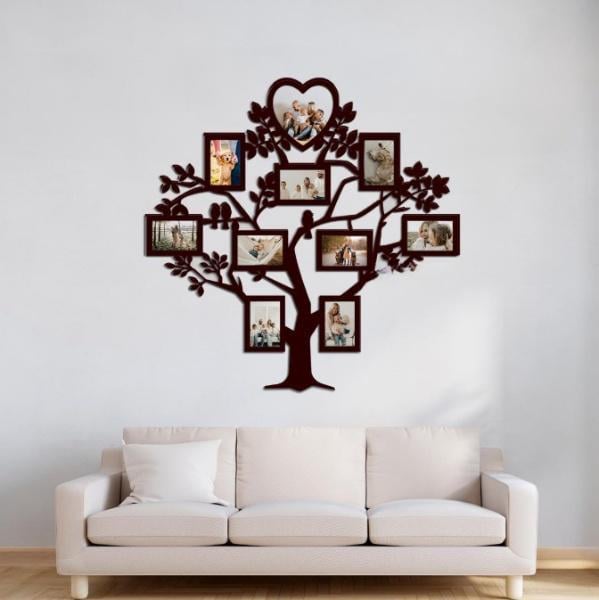 Панно дерев'яне Decart Щаслива родина Сімейне дерево декор для кімнати вітальні 100x100 см рамки 13x18 см 9 шт. 20x20 1 шт.