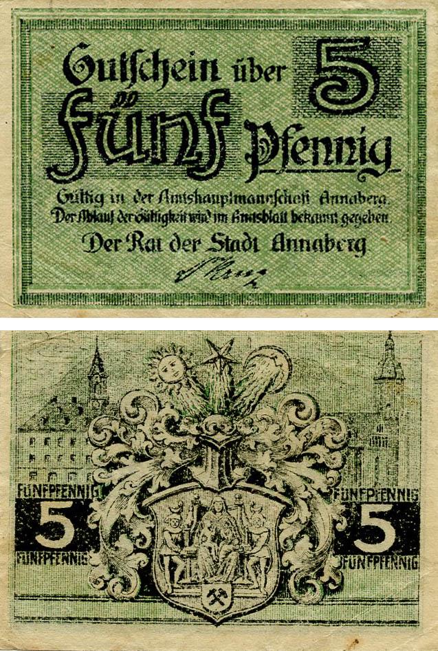 Коллекционная банкнота Германия Нотгельд 5 пфеннигов F-VF Аннаберг (Б18395)