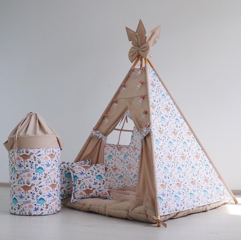 Вігвам дитячий Динозаврики з килимком бон бон подушками з кошиком для білизни - фото 5 Вігвам дитячий Динозаврики з килимком бон бон подушками з кошиком для білизни - фото 5