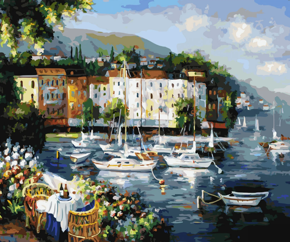 Картина по номерам Strateg Премиум Уютная бухта с лаком и уровнем 40x50 см (SY6623)