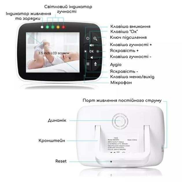 Відеоняня температура Baby Monitor 3,5 дюймовим ЖК-монітором/датчиком звуку/нічне бачення/вимірюванням температури - фото 3