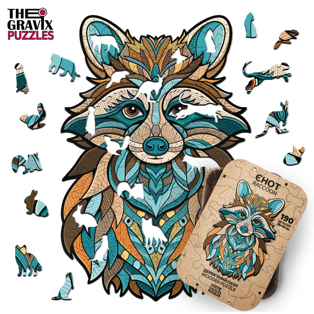 Пазл дерев'яний THEGRAVIX Єнот Фігурний M 28х42 см 190 шт. (03939) - фото 2 Пазл дерев'яний THEGRAVIX Єнот Фігурний M 28х42 см 190 шт. (03939) - фото 2