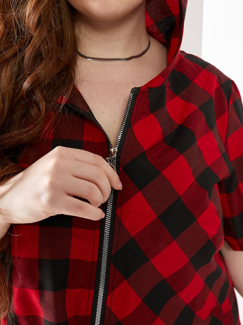 Сукня довга Клітинка котон з капюшоном р. 52-54 Червоний (1376) - фото 5