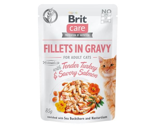 Корм вологий для котів Brit Care Cat Fillets In Gravy з лососем та індичкою в соусі 85 г (46551)