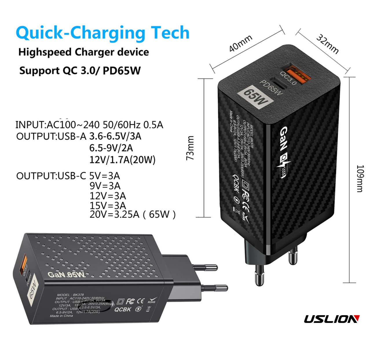 Зарядное устройство для USLION GaN Carbon 65 Вт PD Quick Charge + кабель 100 Вт (9653417) - фото 12