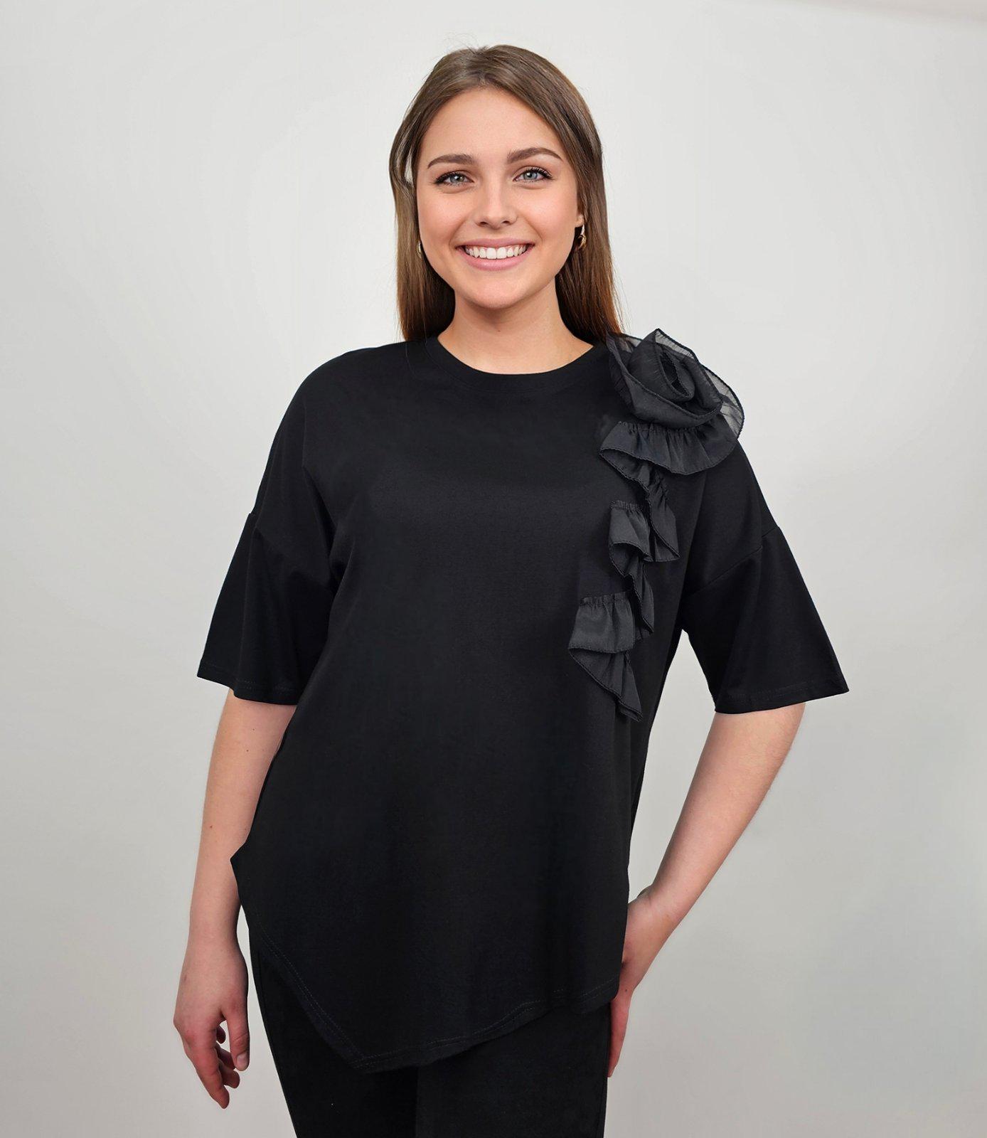 Футболка женская с объемным цветком XL Черный (26057783)