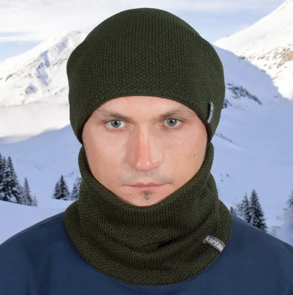 Комплект зимняя мужская шапка с хомутом на флисе Хаки (29548379) - фото 3