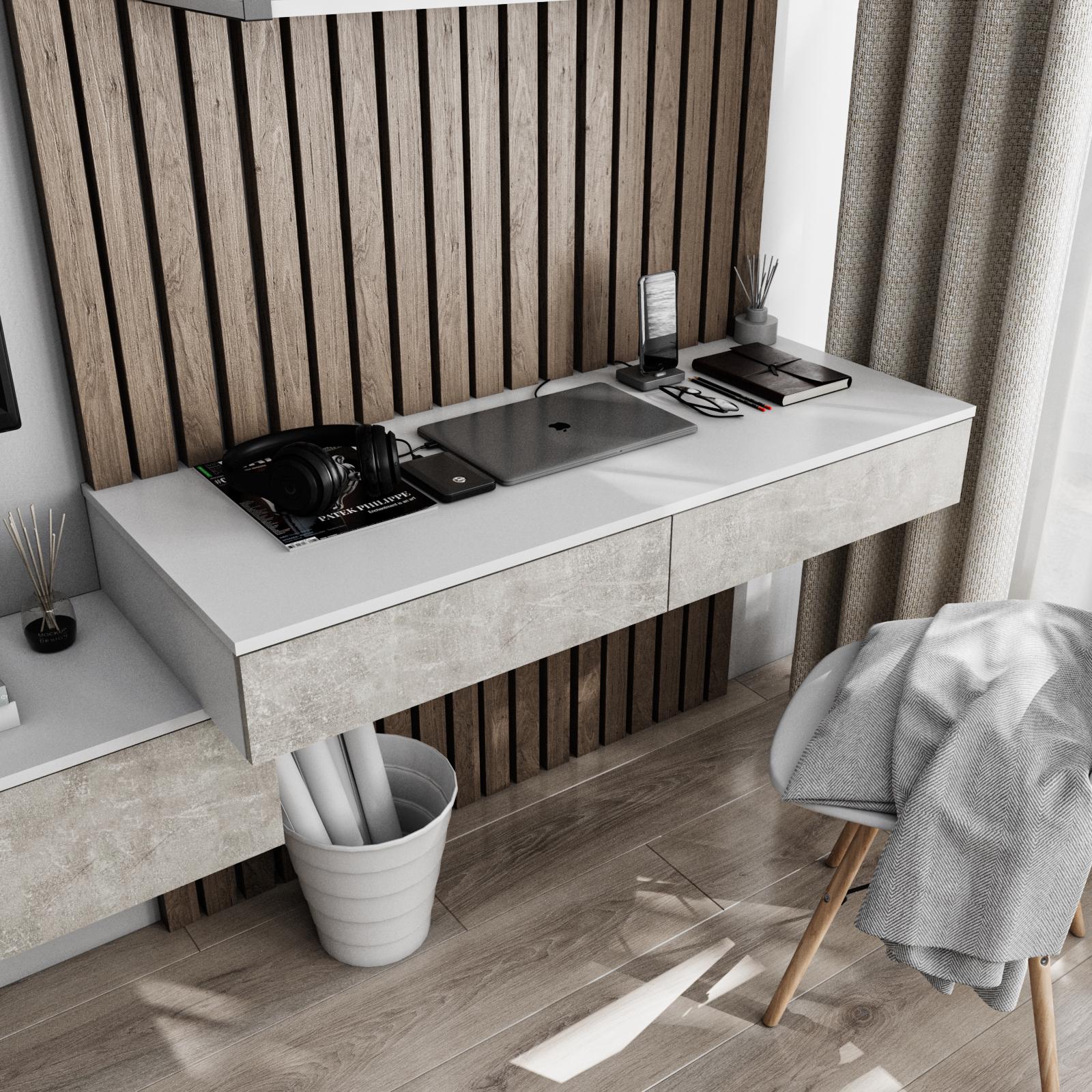 Письменный стол подвесной с 2 выдвижными ящиками 1200x160x500 мм Белый/Бетон (mt-222-wh-bt)