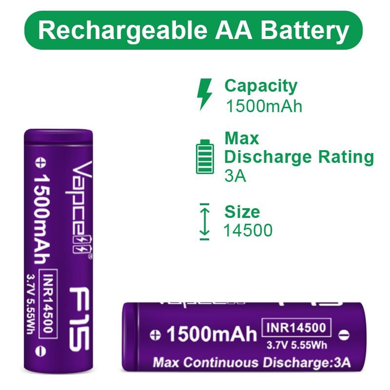 Акумулятор VapCell 14500/AA Li-Ion INR14500 F15 1500 mAh 3A 4,2/3,6/2,5V Purple (25993919) - фото 2 Акумулятор VapCell 14500/AA Li-Ion INR14500 F15 1500 mAh 3A 4,2/3,6/2,5V Purple (25993919) - фото 2