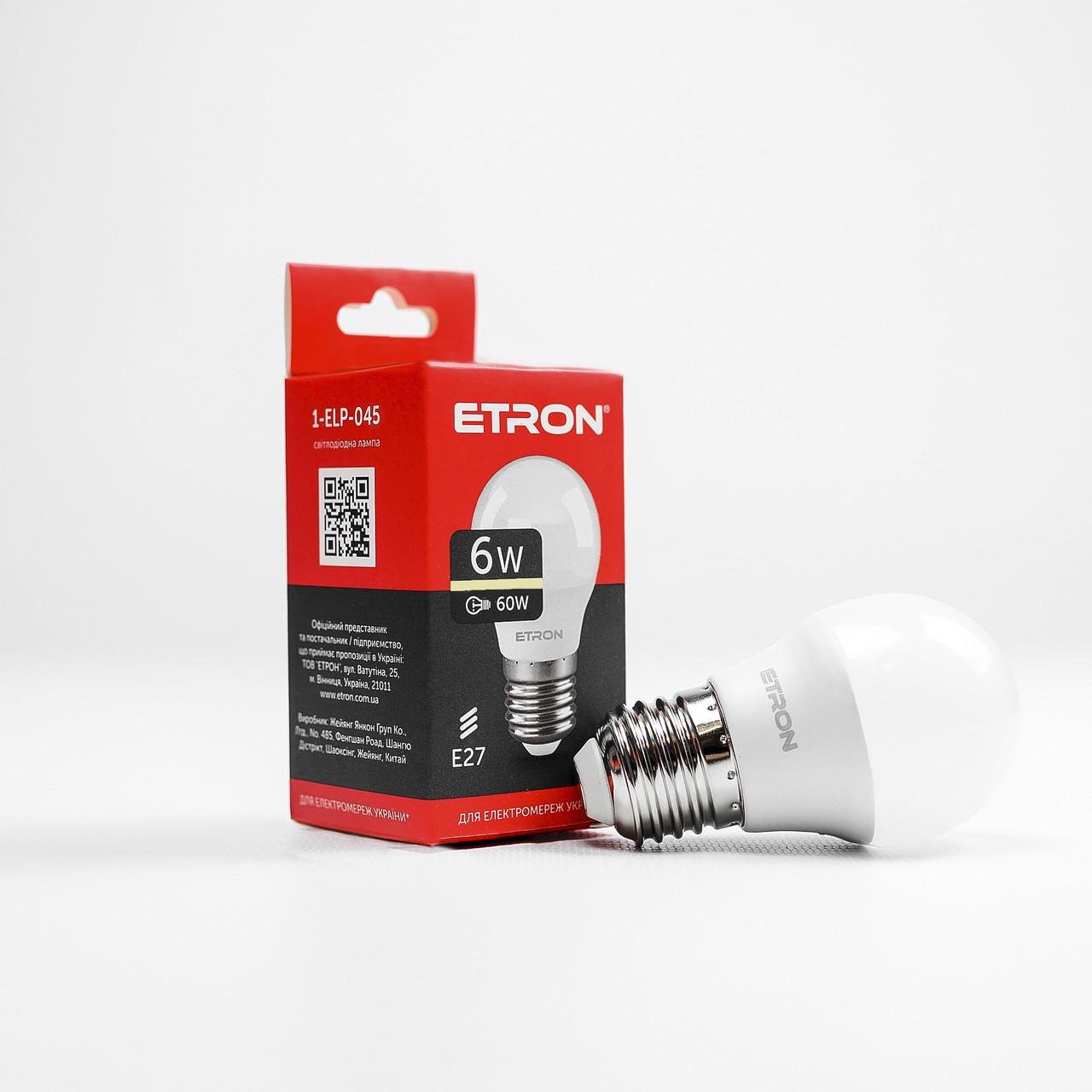 LED лампа ETRON Light 1-ELP-045 G45 6W 3000 K 220 V E27