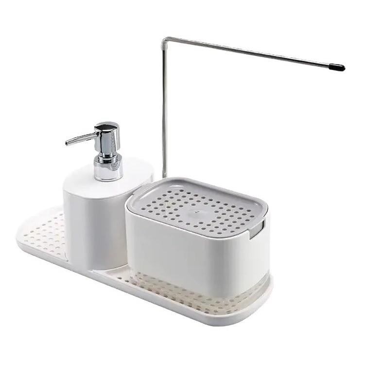Диспенсер для моющего средства RIAS Soap Dispenser 3в1 с держателем полотенца и губки 300 мл White (3_08092)