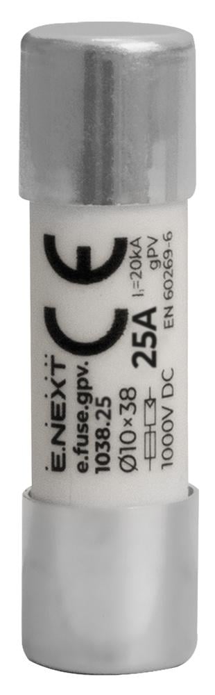 Запобіжник циліндричний плавкий E.NEXT 25A gPV 10x38 мм 1000V DC 20kA для сонячних панелей PV систем (i0610119)