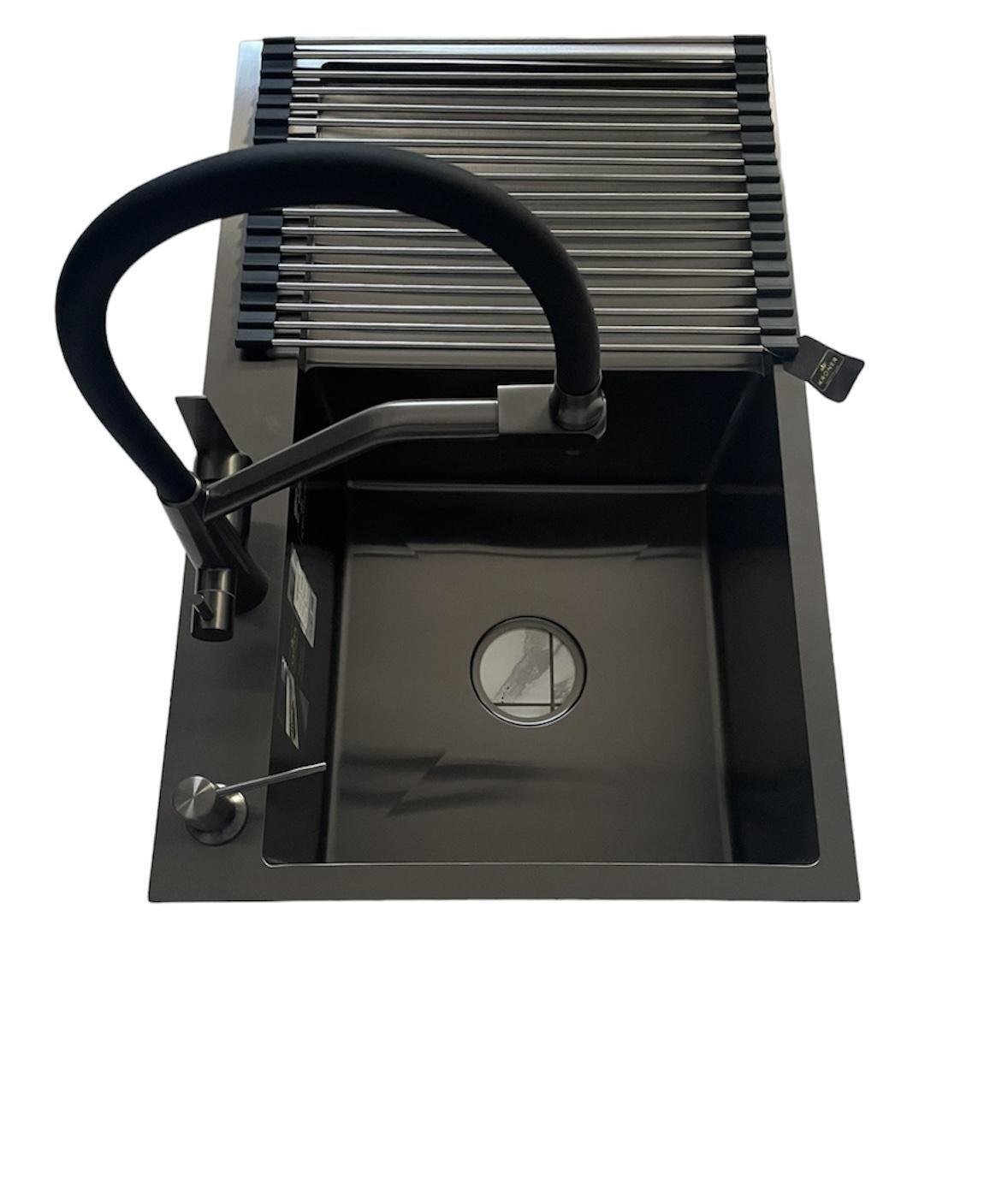 Мойка Kroner 7849LHM левая и смеситель для кухни с подключением к фильтру Kroner PVD03817BLK