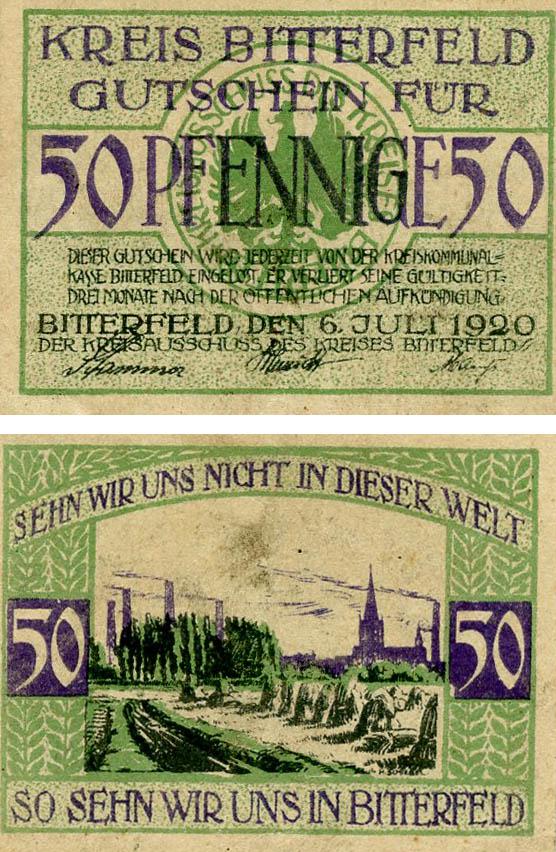 Коллекционная банкнота Германия Нотгельд 50 пфеннигов 1920 F-VF Биттерфельд (Б18637)