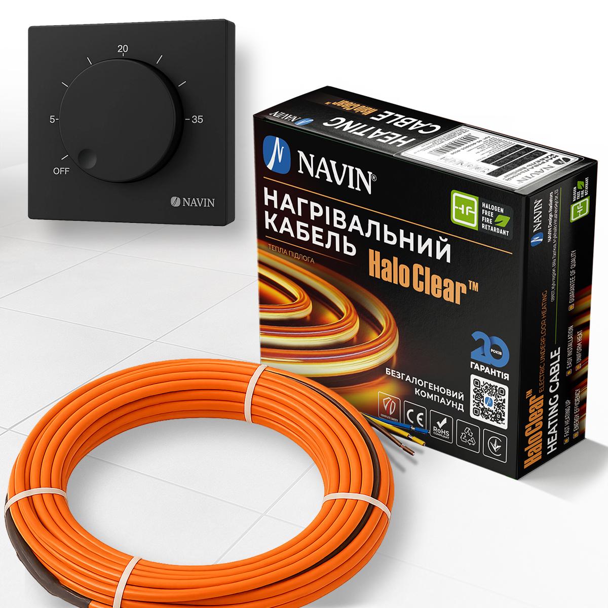 Комплект теплого пола NAVIN HaloClear Basic 340 Вт 2,0-2,3 м² 20 м нагревательный кабель/терморегулятор EH84WM-16A Черный матовый