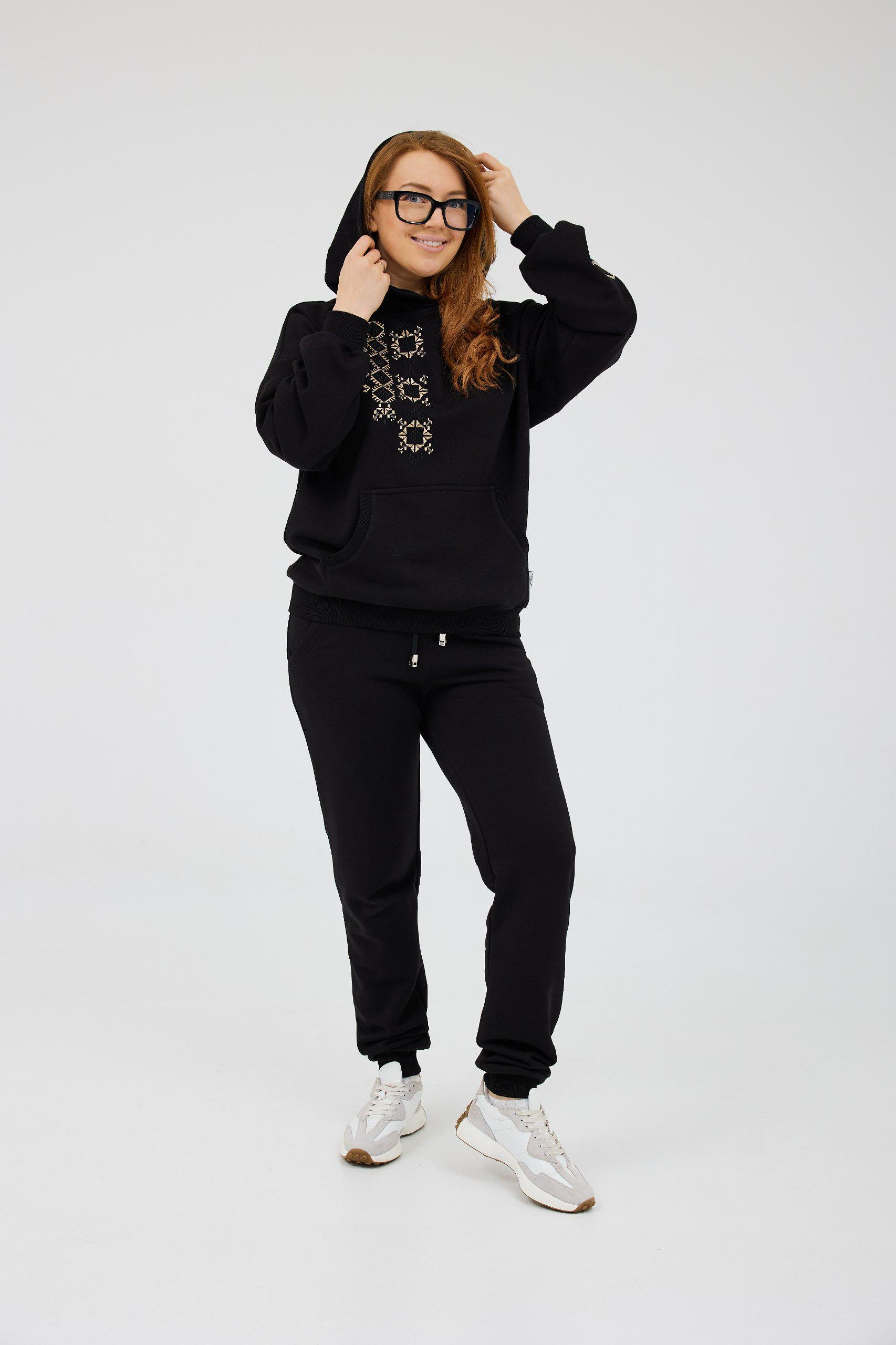 Прогулянковий костюм жіночий Lookeriya з вишивкою Полтавські ромби худі та джогери тринитка XL Чорний (31826611)