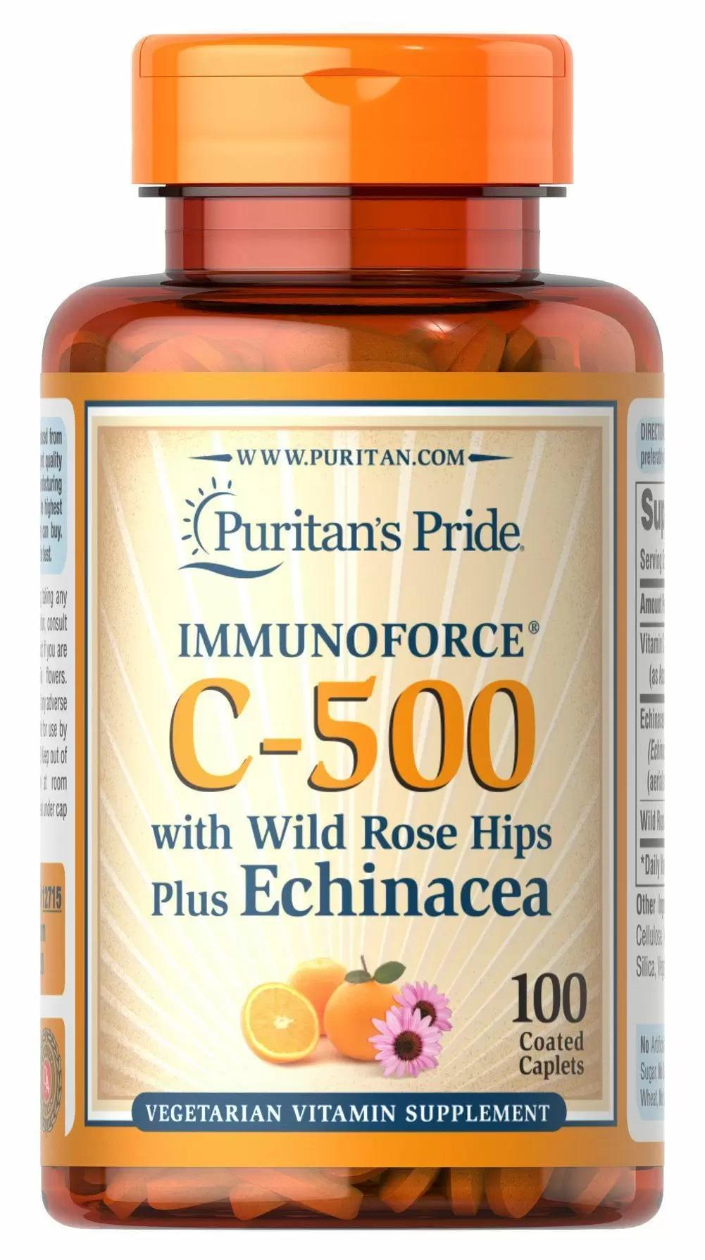 Витамин C Puritan's Pride Vitamin C-500 мг with Rose Hips & Echinacea 100 Caplets
