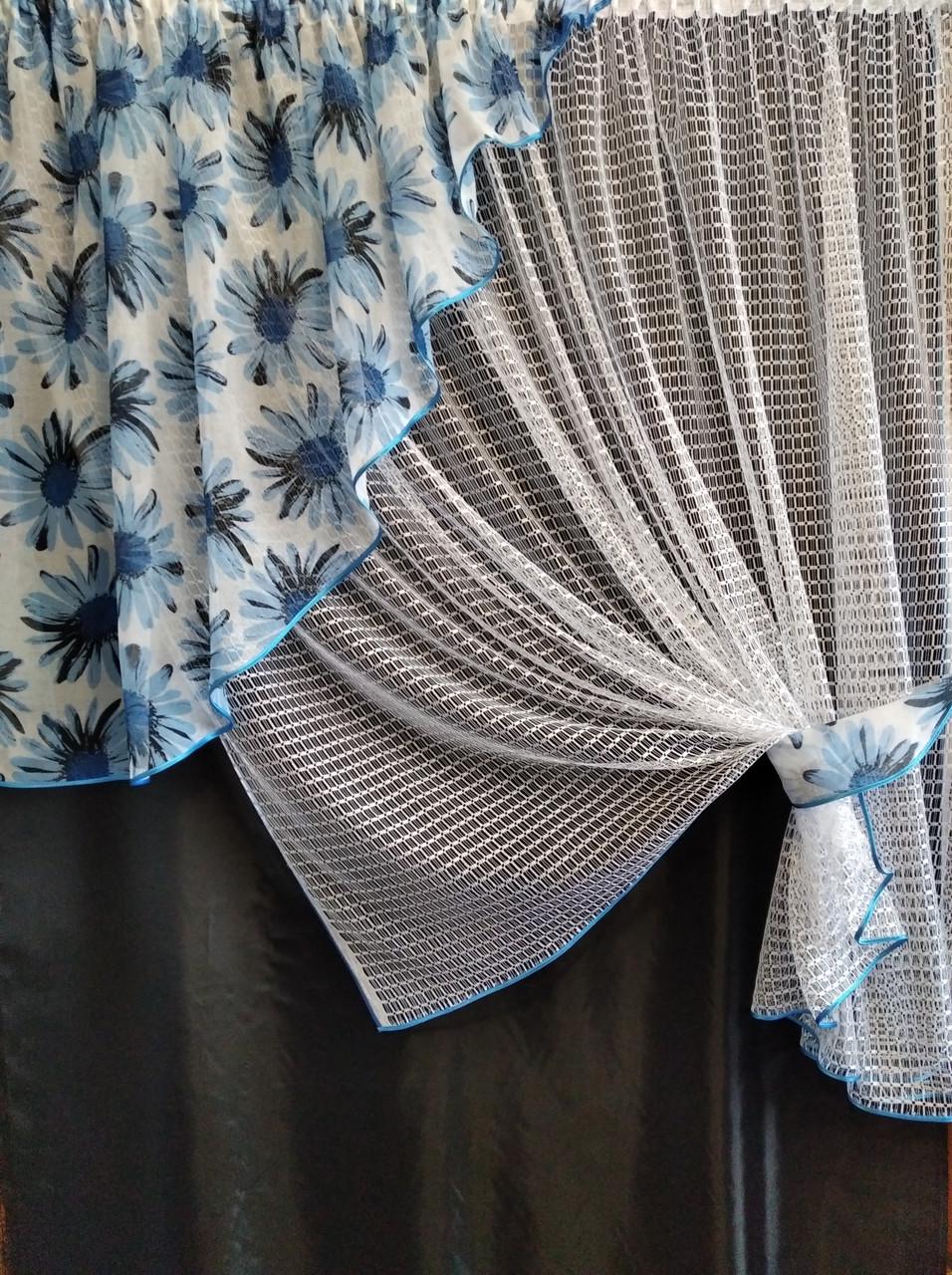 Занавеска кухонная Угол сетка с ламбрекеном батист 300х170 см Белый/Голубой (ул-16) - фото 2 Занавеска кухонная Угол сетка с ламбрекеном батист 300х170 см Белый/Голубой (ул-16) - фото 2