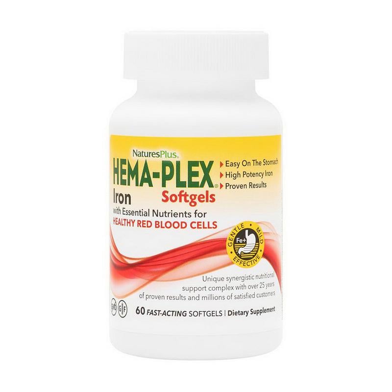 Железо хелат 85 мг с витамином C и B12 Natures Plus Hema-Plex 60 мягких капс.
