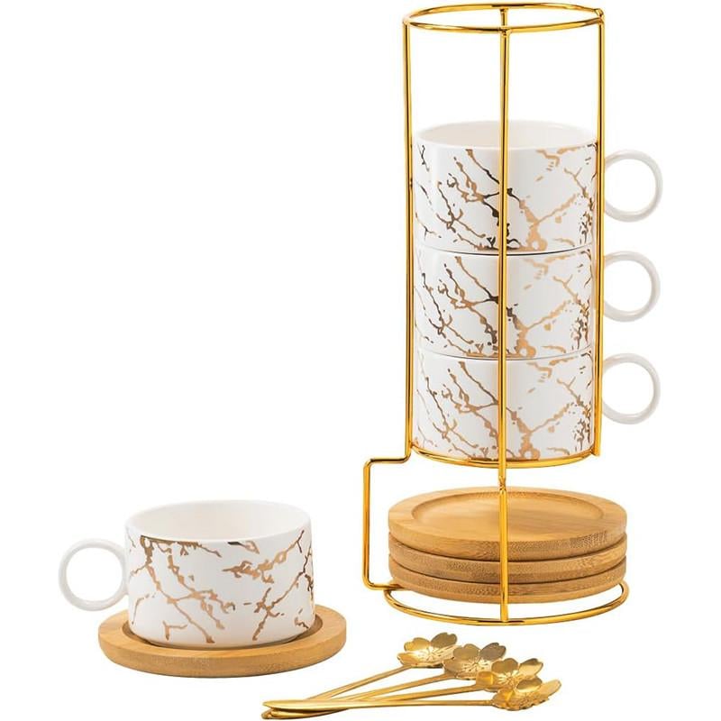 Набор чашек Lesko Мраморная роскошь с бамбуковым блюдцем/подставкой/ложкой 4 шт. White (24366798)