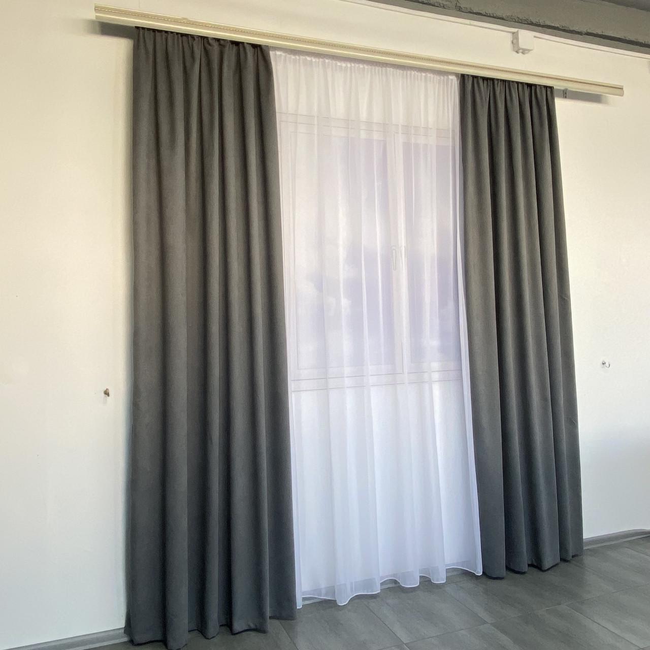 Шторы готовые для зала микровелюр однотонные на тесьме Серый