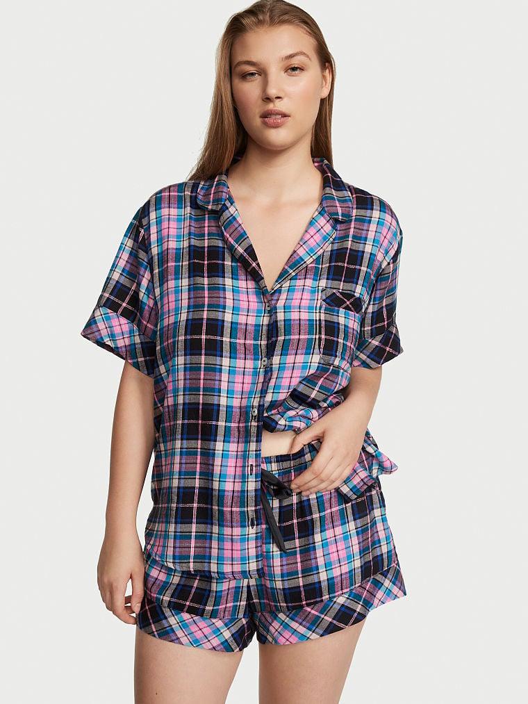 Пижама женская шорты/рубашка Victoria's Secret Flannel Short Pajama Set M Синий (2095082217) - фото 1