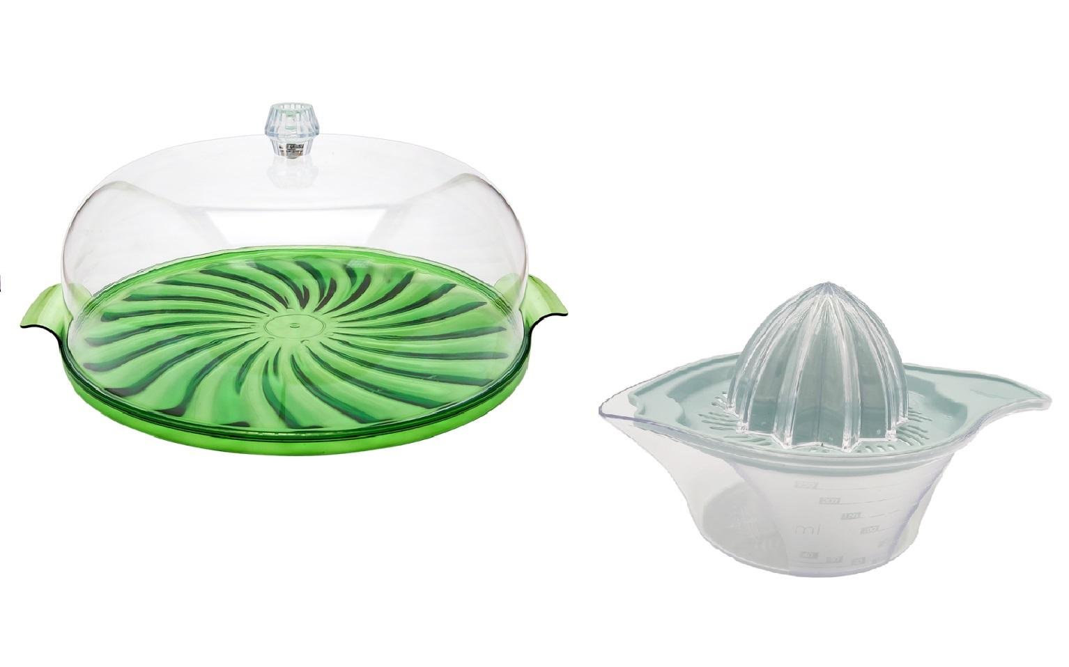 Тортовниця Irak Plastik Кристал 29 см та соковижималка для лимона New 0,25 л Зелений (53311)