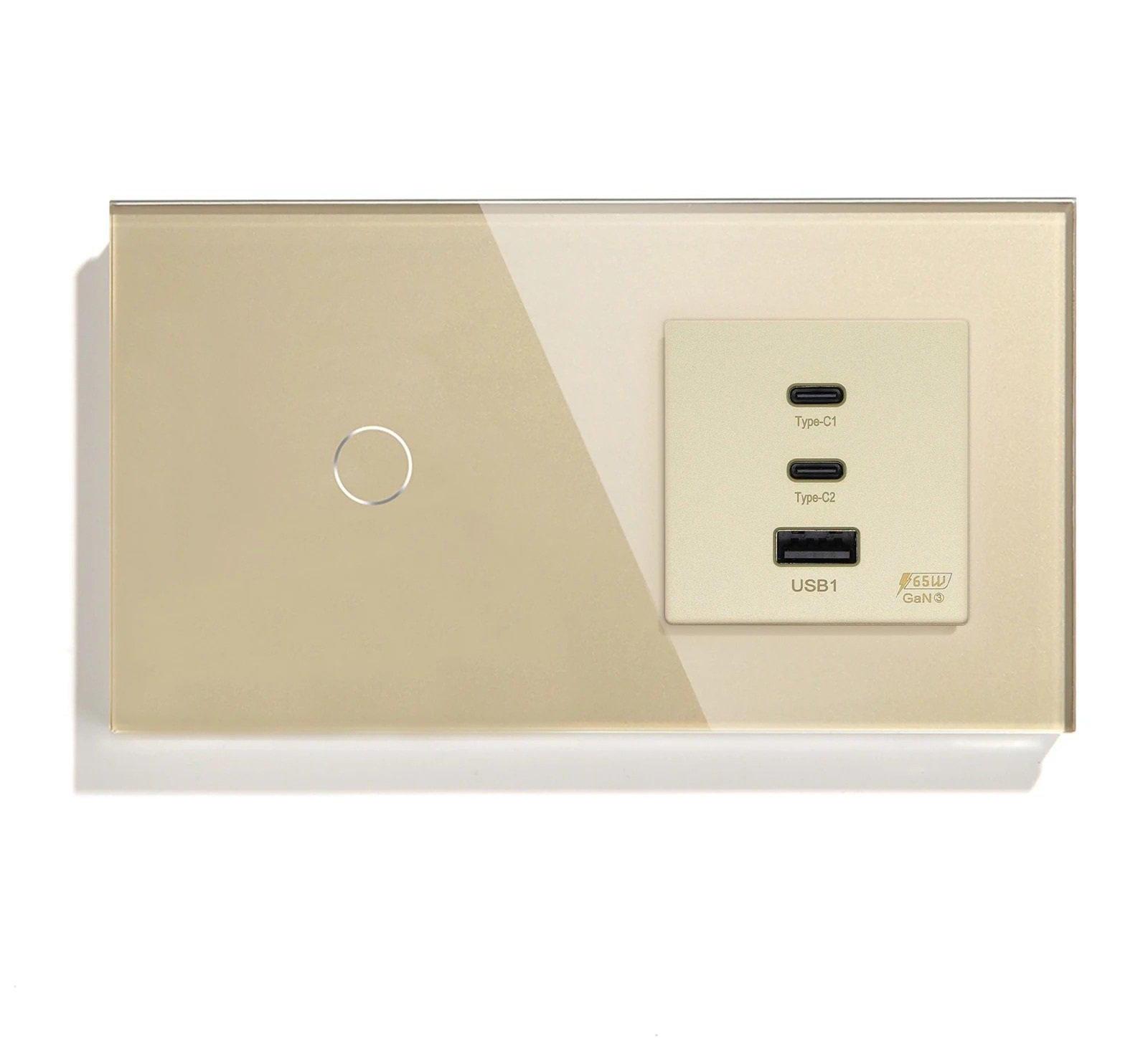 Вимикач розумний LUXION сенсорний з розеткою USB A+C+C 65Вт скло Золотий