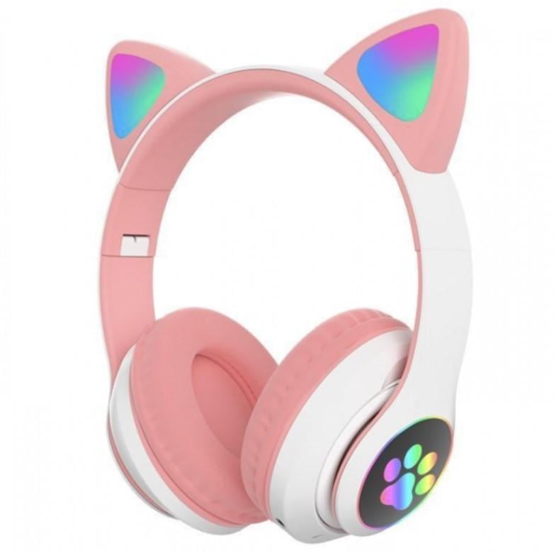 Навушники бездротові з котячими вушками Cat STN-28 Bluetooth з мікрофоном LED RGB підсвічування Pink