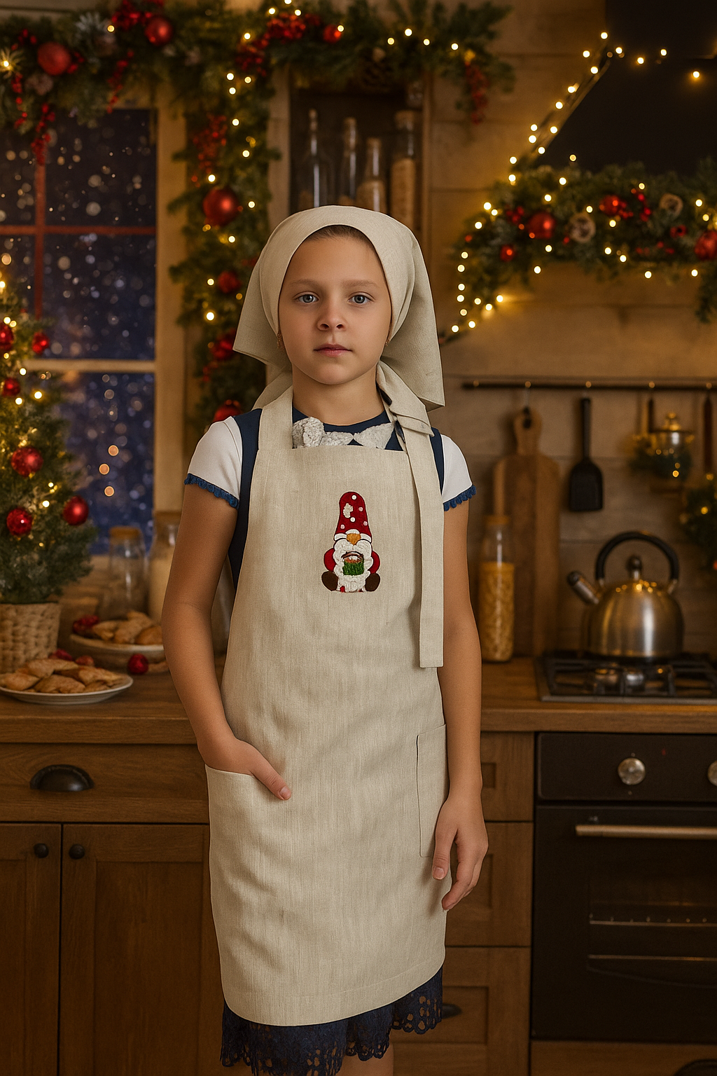 Детский комплект с вышивкой "Гном": платок, фартук, одна перчатка