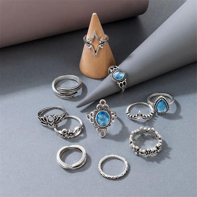 Набір кілець в богемному стилі з блакитними кристалами 11 шт. (1382531914)