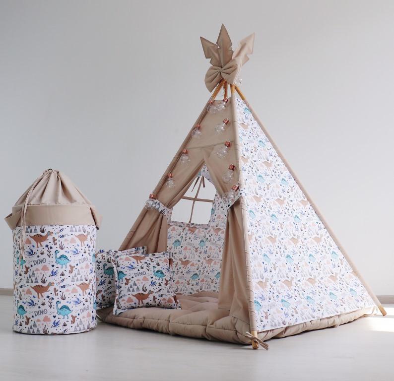 Вігвам дитячий Динозаврики з килимком бон бон подушками з кошиком для білизни - фото 4 Вігвам дитячий Динозаврики з килимком бон бон подушками з кошиком для білизни - фото 4