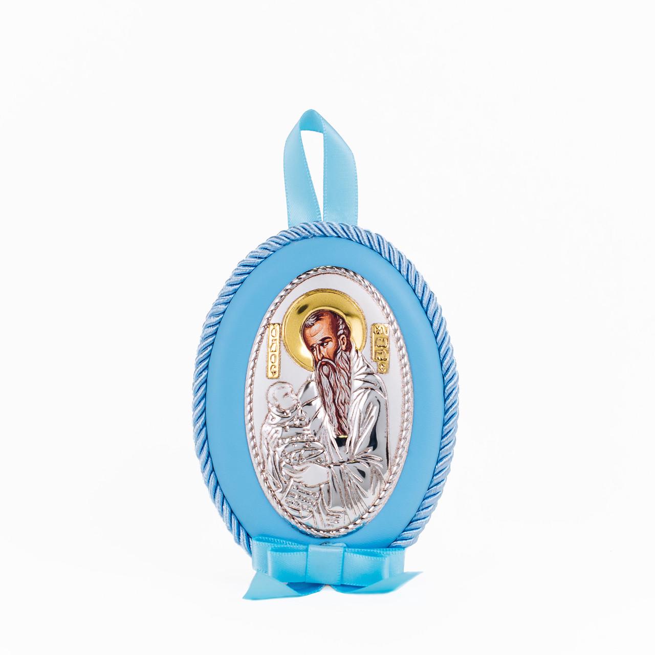 Срібна дитяча ікона Святий Стиліан на синій подушечці для хлопчика 8х11 см