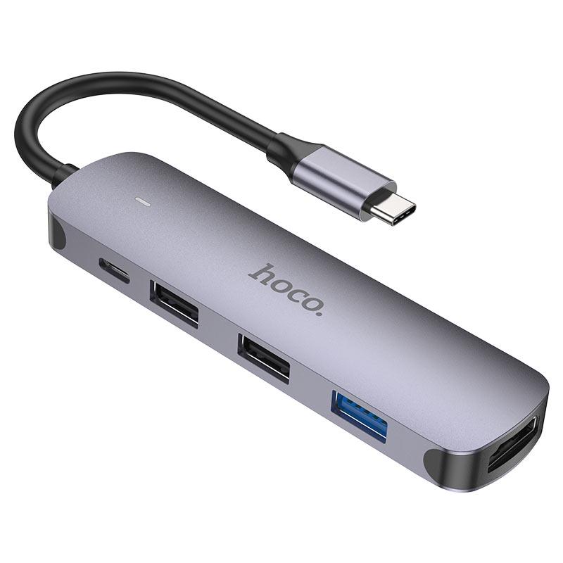 USB-хаб адаптер Hoco HB27 Type-C 4в1 60 W HDTV+3 USB 3,0+USB 2,0+PD Сірий (37562956923) - фото 4