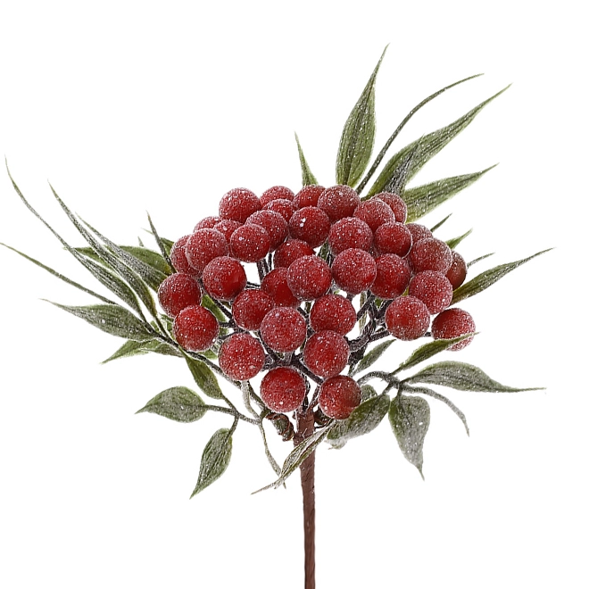 Веточка новогодняя с красными ягодками 14 см (13642)